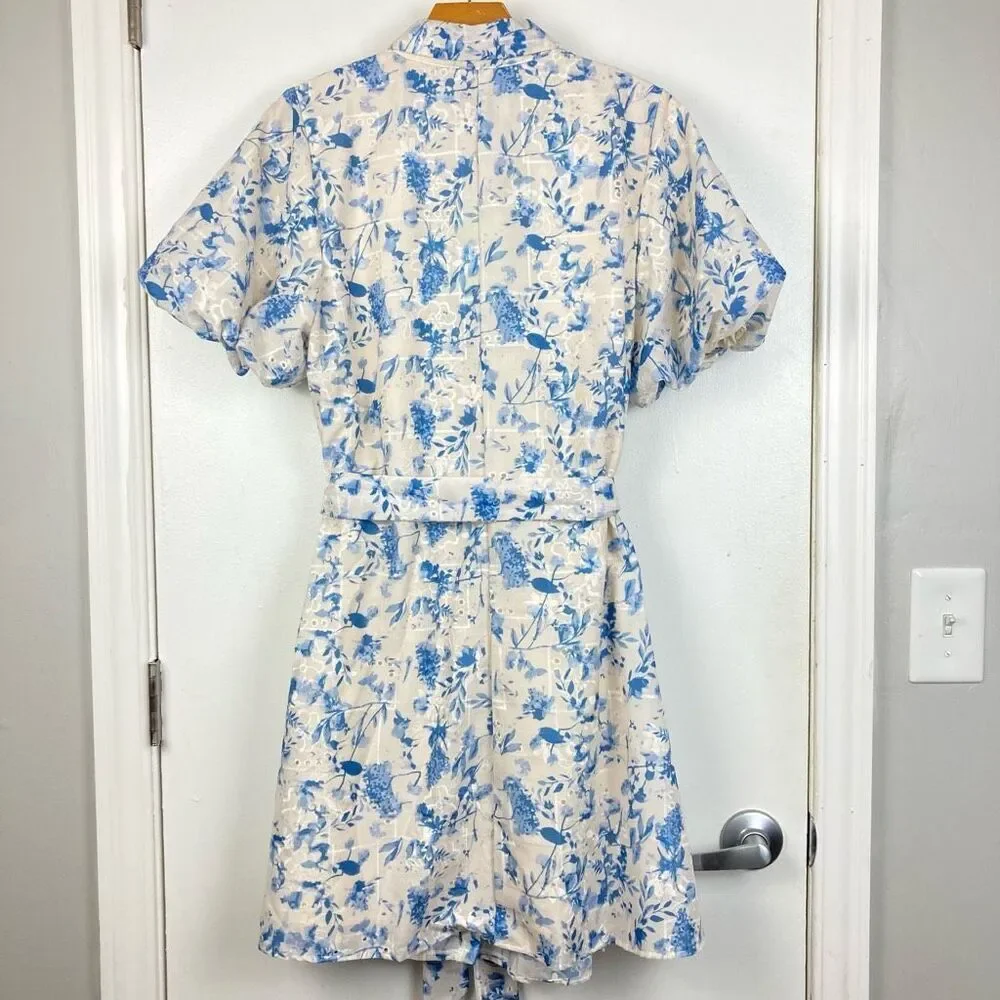 Sam Edelman Floral Embroidered Eyelet Puff Sleeve Mini Shirtdress White Blue, 14